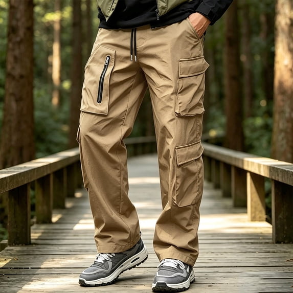 COSFO Tactical Cargo Pants for Men Waterproof Khaki Hiking Pants Straight Leg Relaxed Fit 6 Pockets Work Drawstring Men's Pants