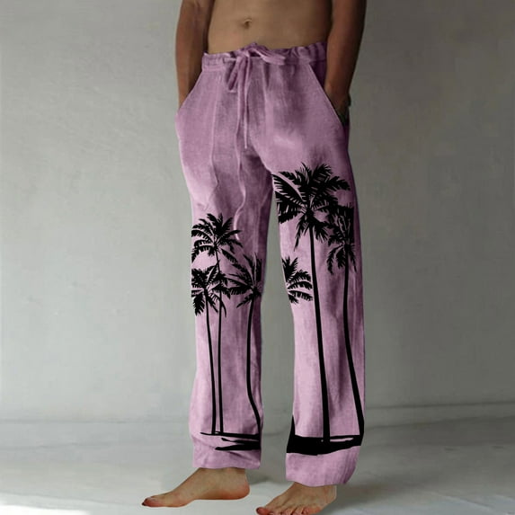 COSFO Tactical Pants Men Joggers Straight-Leg Purple Full Casual Drawstring Elastic Waist Hawaiian Mens Pants Casual