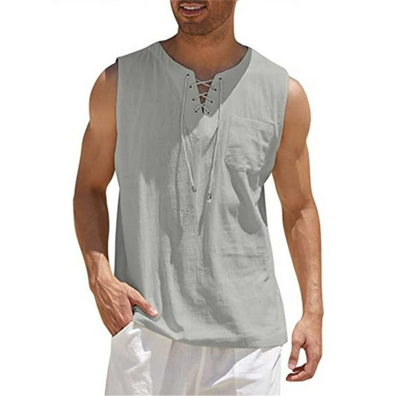 COSFO Tank Tops Men Casual Cotton Linen Muscle Gray Shirts Sleeveless Loose Summer with Pocket V Neck Tank Tops