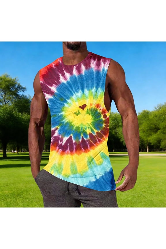 Tank Tops Men Muscle Tie Dye Summer Workout Graphic Tees Sleeveless Quick Dry Crew Neck Breathable Regular Fit Shirts