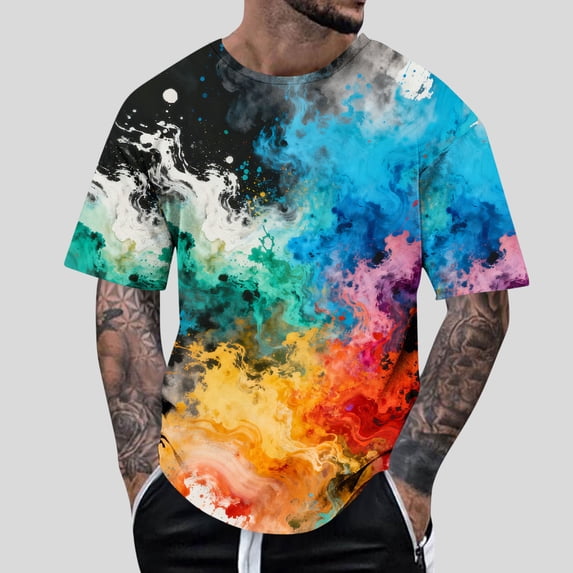 COSFO Tie Dye Shirts for Men Short Sleeve Workout Crew Neck Basic Tops Classic Fit Breathable Pullover Mens Graphic Tees
