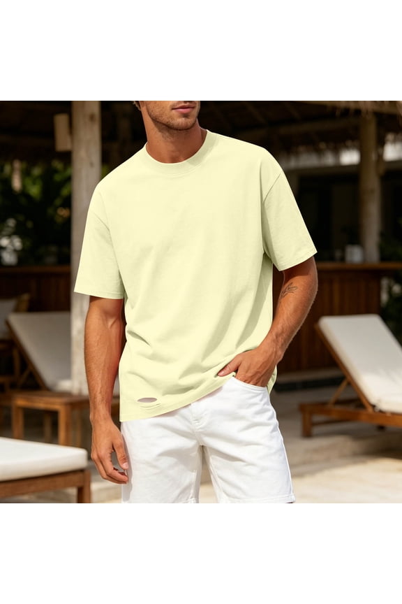 Tshirts for Men Fashion Short Sleeve Ripped Summer Shirt Pullover Streetwear Solid Classic Fit Crew Neck Tee Shirts Mens