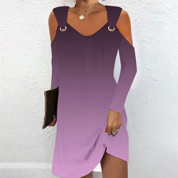 COSFO V-Neck Dresses for Women Gradient Long Sleeve Purple Casual Mini Dress A-Line Dress
