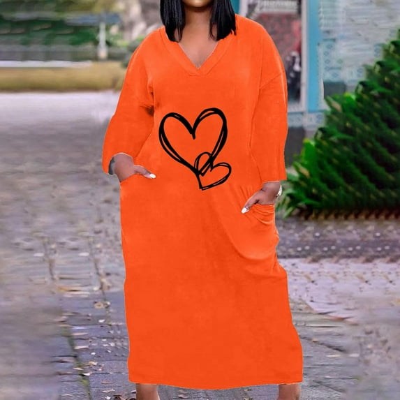 COSFO V-Neck Fall Dresses for Women Love Heart Orange Long Sleeve Casual Midi Dresses Loose Fit A-Line Plus Size with Pockets Dresses