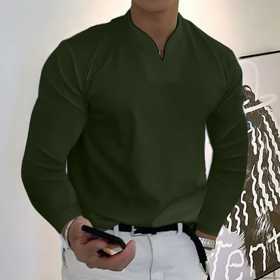COSFO V-Neck Men Shirt Long Sleeve Casual Green Pullover Solid Oversized Tshirts for Men