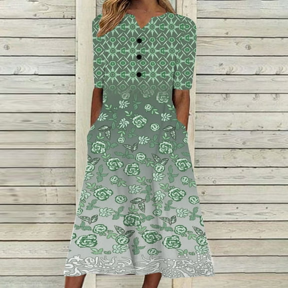 COSFO V-Neck Women Dresses Green Casual Short Sleeve Plaid Midi Dresses with Pockets Button Down A-Line Loose Fit Dresses