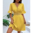thumbnail image 1 of COSFO V-Neck Women Dresses Yellow Casual Short Sleeve Solid Mini Dresses Lace Loose Fit Waisted A-Line Dresses, 1 of 5
