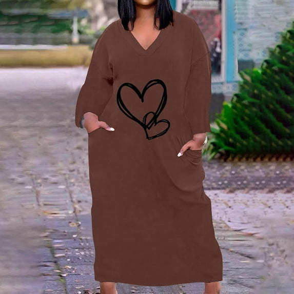 COSFO V-Neck Womens Dress Brown Love Heart Long Sleeve Casual Midi Dresses A-Line with Pockets Loose Fit Plus Size Dresses