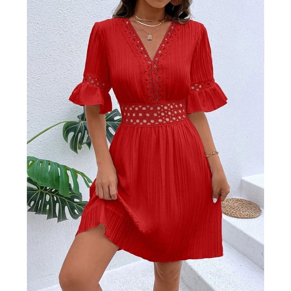 COSFO V-Neck Womens Dresses Casual Short Sleeve Solid Red Mini Dresses Loose Fit A-Line Lace Waisted Dresses