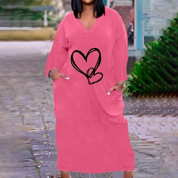 COSFO V-Neck Womens Dresses Love Heart Casual Pink Long Sleeve Midi Dresses Plus Size with Pockets A-Line Loose Fit Dresses