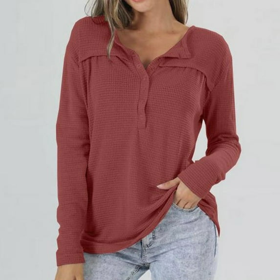 COSFO V-Neck Womens Shirts Dressy Casual Red Waffle Knit Long Sleeve Top Solid T-Shirts Womens Going Out Tops