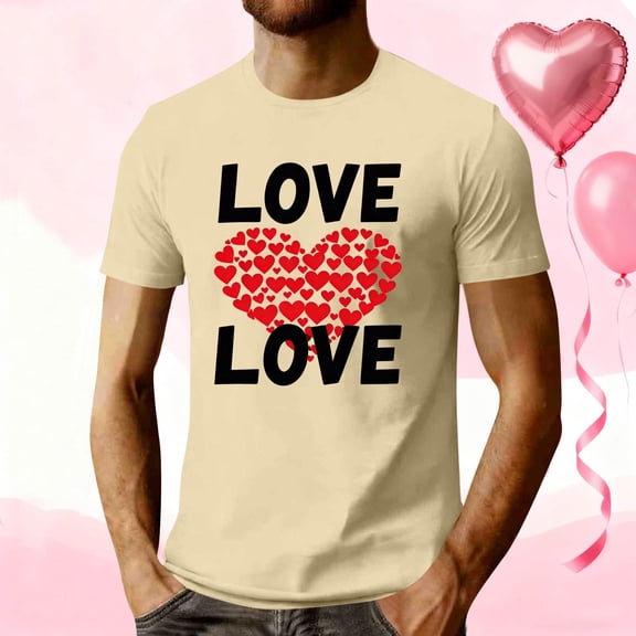 COSFO Valentine's Day Mens Shirts Casual Workout Love Heart Crewneck Short Sleeve Basic Tops Relaxed Fit Vacation Pullover Mens Graphic Tees