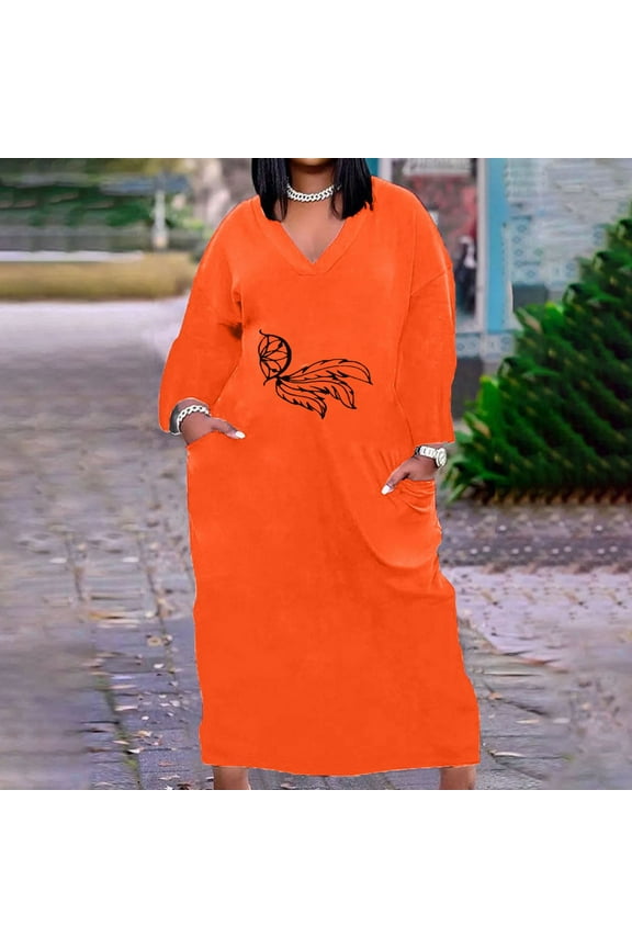 Vintage Ethnic Womens Dress Long Sleeve Casual Orange V-Neck Midi Dress A-Line with Pockets Plus Size Dress