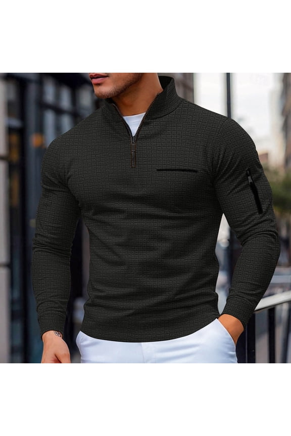 Waffle Knit Mens Shirts Pullover Mock Neck Solid Shirts Quarter Zip Casual Loose Fit with Pocket Classic T-Shirt Mens Tops Long Sleeve