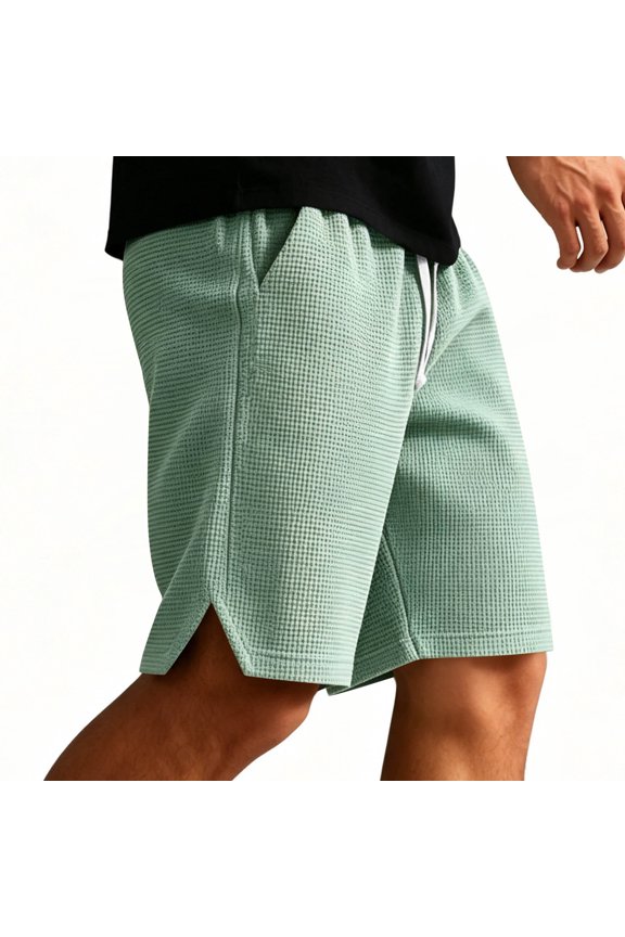 Waffle Men Shorts Solid Summer Bermuda Shorts Solid Drawstring Relaxed Fit with Pockets Elastic Waist Shorts