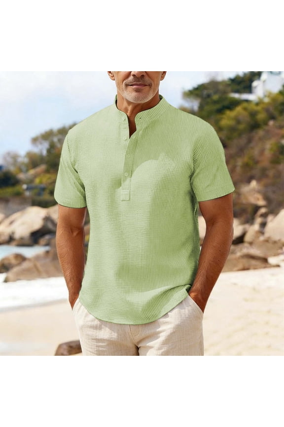 Waffle Mens T Shirts Casual Green Short Sleeve Classic T-Shirt Pullover Loose Fit Button Summer Mock Neck Tops