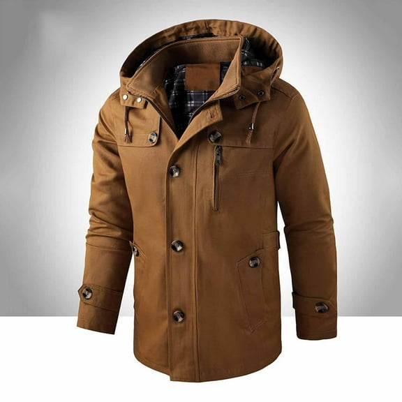 COSFO Warm Jackets for Men Full Zip Up Brown Removable Hood Work Windbreaker Windproof Outdoor Long Sleeve Mens Coats