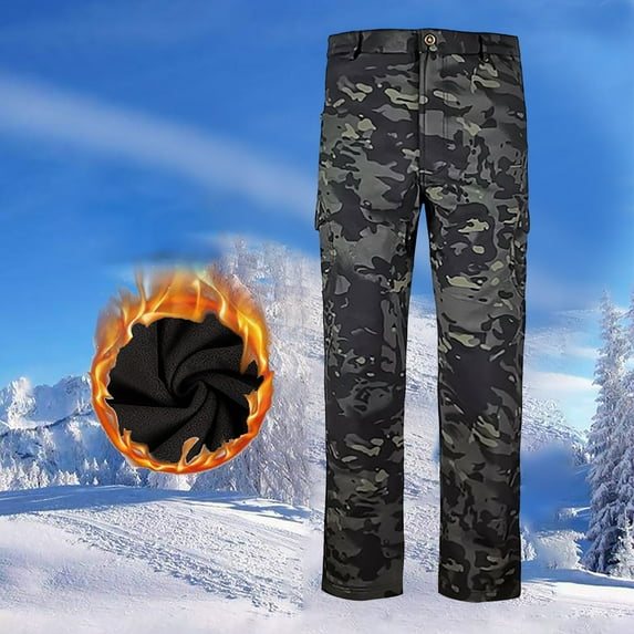 COSFO Waterproof Pants for Men Camouflage Black Hiking Cargo Fleece Lined Pants with Zipper Pockets Loose Pants