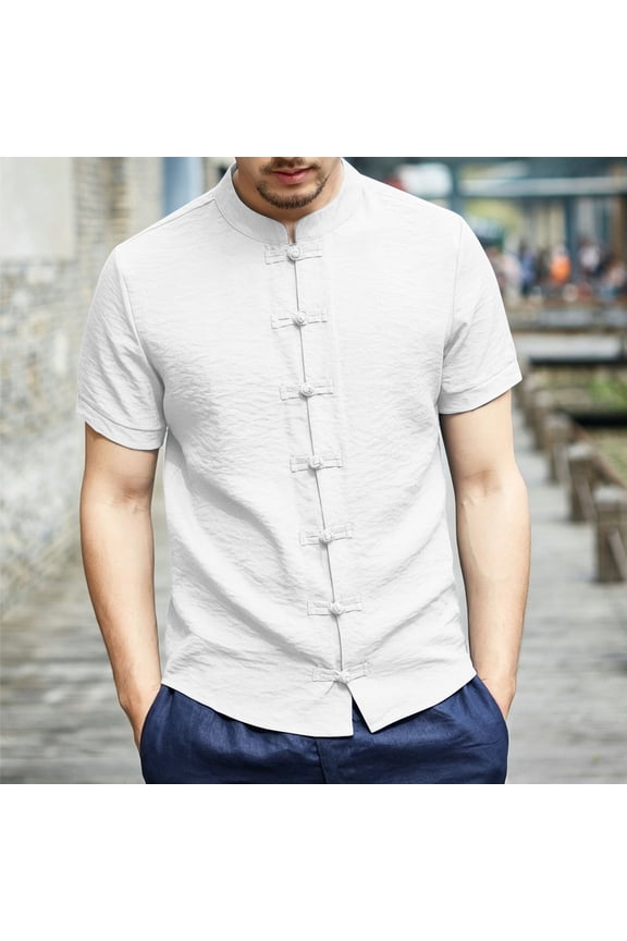 White Mens Button Up Shirts Short Sleeve Vintage Summer Shirt Relaxed Fit Mock Neck Casual Tops