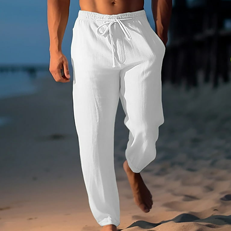 COSFO White Mens Pants Wide Leg Solid Cotton Linen Loose Beach