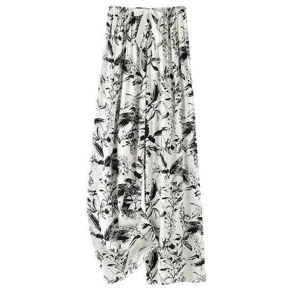 COSFO White Women's Pant Palazzo Floral Wide Leg Loose Pants Comfort Fit Elastic Waist Pants