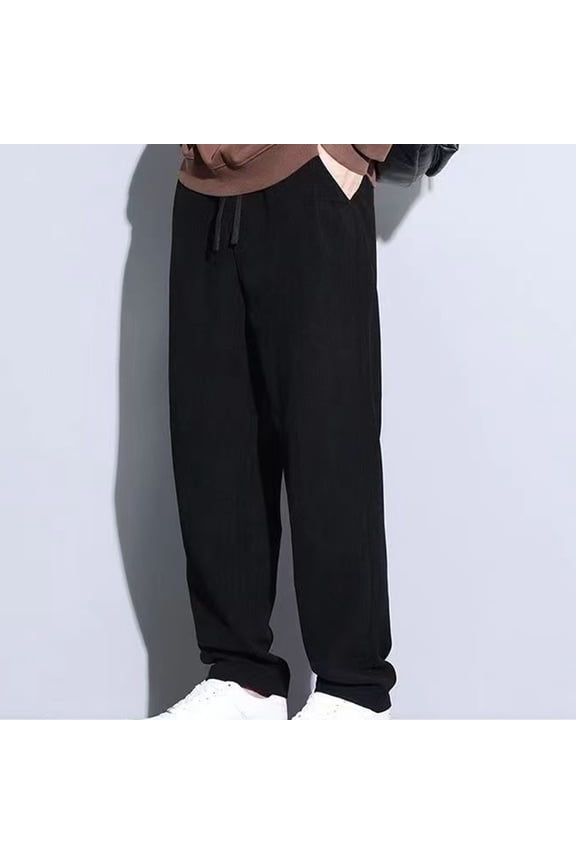 Wide Leg Men Pants Work Black Solid Casual Trousers with Pockets Elastic Waist Drawstring Pants