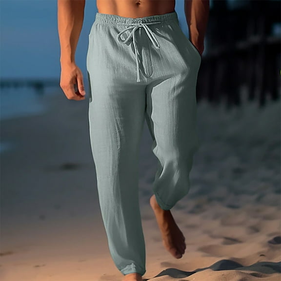 COSFO Wide Leg Pants for Men Cotton Linen Loose Solid Green Beach Pant with Pockets Elastic Waist Drawstring Breathable Pants