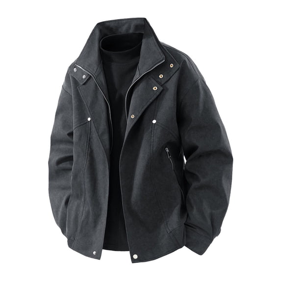 COSFO Winter Bomber Jacket for Men Zip Up Black Outwear Button Loose Fit with Pockets Collar Long Sleeve Sport Coats for Men
