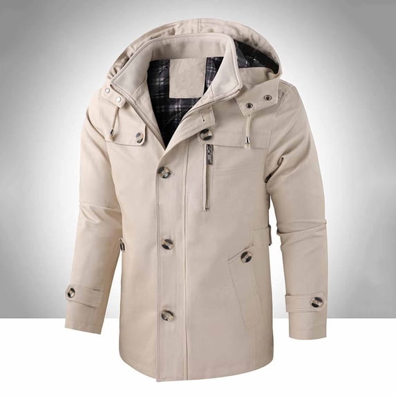 COSFO Winter Jacket for Men Beige Full Zip Up Work Removable Hood Windbreaker Windproof Long Sleeve Outdoor Coat for Men