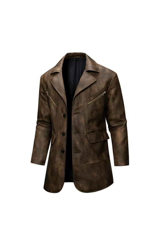 Winter Jackets for Men Brown Faux Leather Motorcycle Button Down Outwear with Pockets Collar Loose Fit Long Sleeve Winter Coats for Men