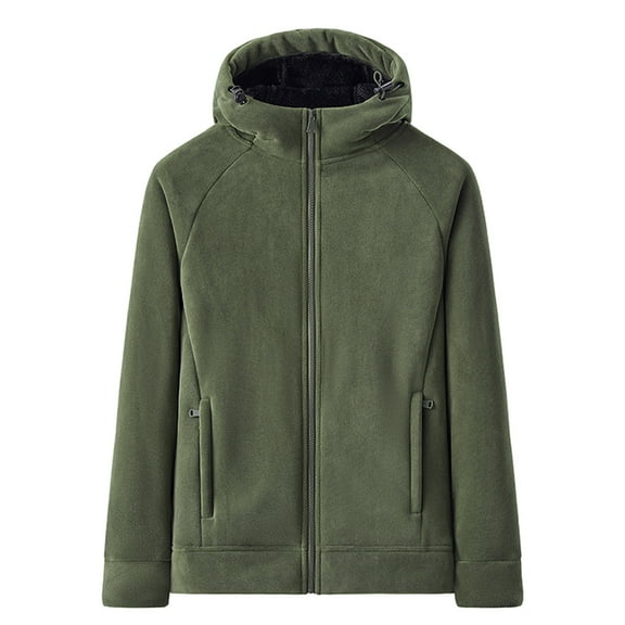 COSFO Winter Jackets for Men Fleece Green Hooded Full Zip Up Windbreaker Thick Outdoor Long Sleeve Men Coat