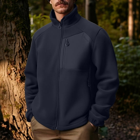 COSFO Winter Men Jacket Fleece Full Zip Blue Windbreaker Stand Colla Loose Fit Long Sleeve Warm Outdoor Men's Sport Coats