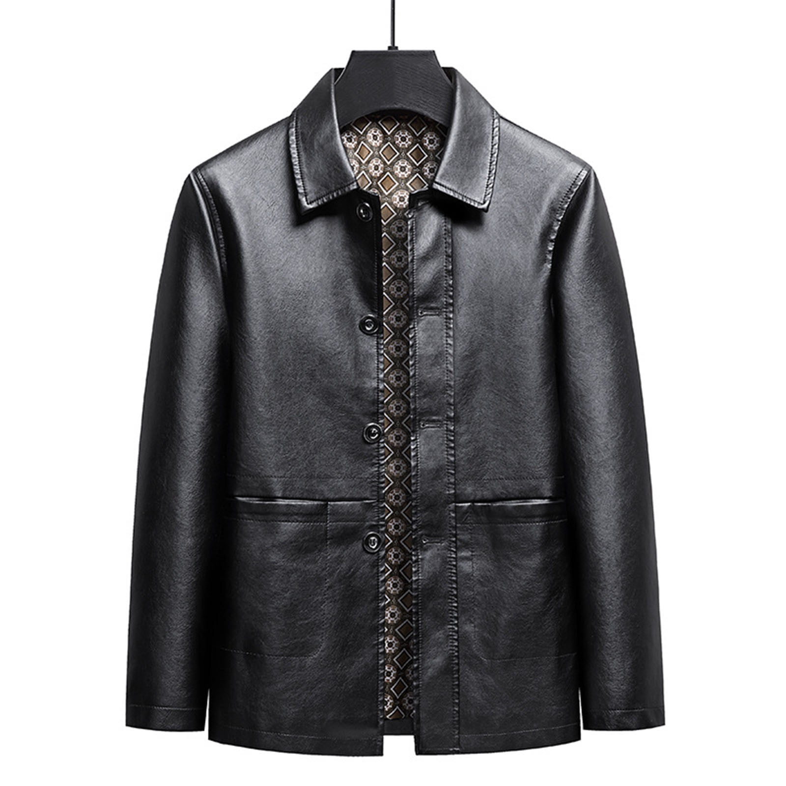 COSFO Winter Men Jacket Solid Faux Leather Button Down Jacket Business Loose Long Sleeve with Pockets Casual Mens Coats