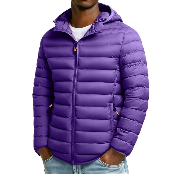 COSFO Winter Puffer Jacket for Men Purple Removable Hood Zip Up Windbreaker Long Sleeve Warm Men Coat