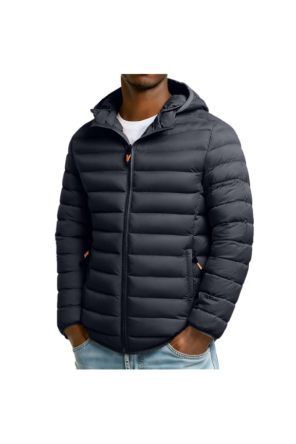 Winter Puffer Jacket for Men Removable Hood Gray Full Zip Up Windbreaker Windproof Outdoor Long Sleeve Coats for Men