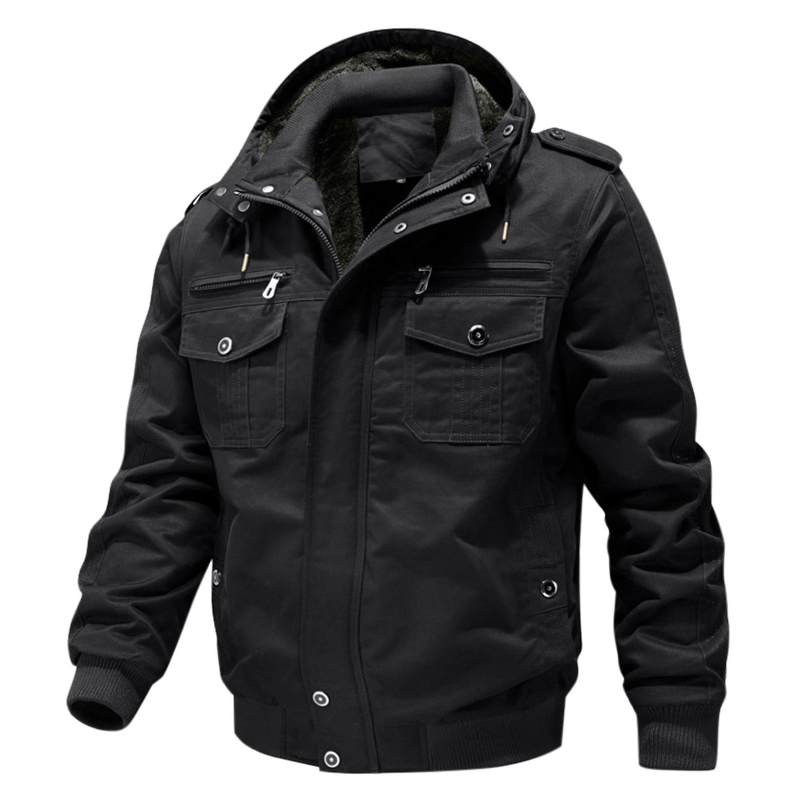 COSFO Work Jackets for Men Bomber Black Solid Heavyweight Coat Hooded Multiple Pockets Relaxed Fit Zip Up Cargo Outerwear Jackets