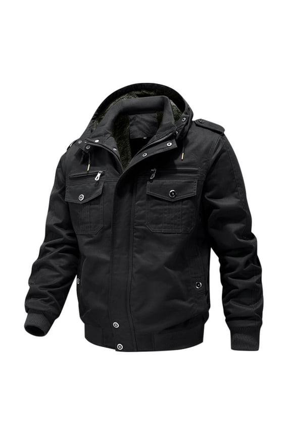 Work Jackets for Men Bomber Black Solid Heavyweight Coat Hooded Multiple Pockets Relaxed Fit Zip Up Cargo Outerwear Jackets