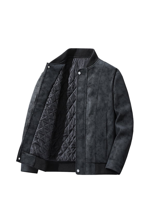 Work Jackets for Men Quilted Vintage Zip Up Faux Leather Bomber Jacket Long Sleeve Baseball Stand Colla Coat for Men