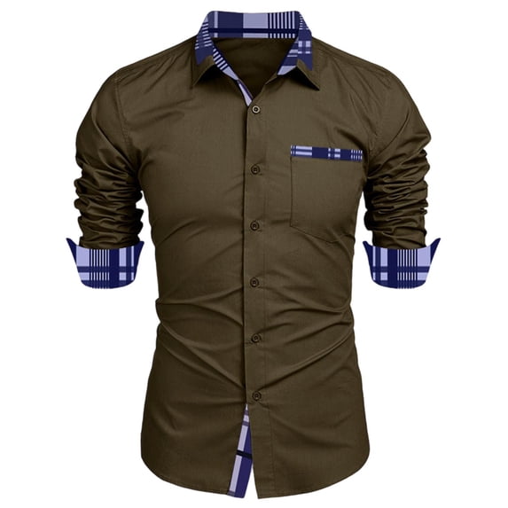 COSFO Work Men's Button Down Shirts Dressy Long Sleeve Colorblock Tops Business Loose Collared with Pocket Men Shirts
