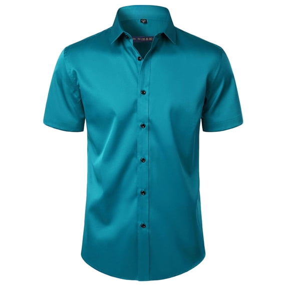 COSFO Work Men's Button Down Shirts Short Sleeve Green Tops Collared Business Loose Fit Mens Shirts