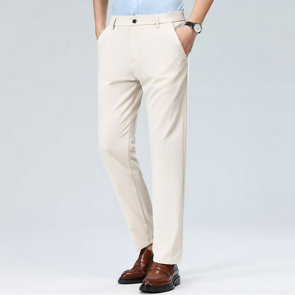 COSFO Work Pants for Men Flat Front Straight-Leg White Full Dressy Clasp Comfort Waist Solid Chinos Pants Men