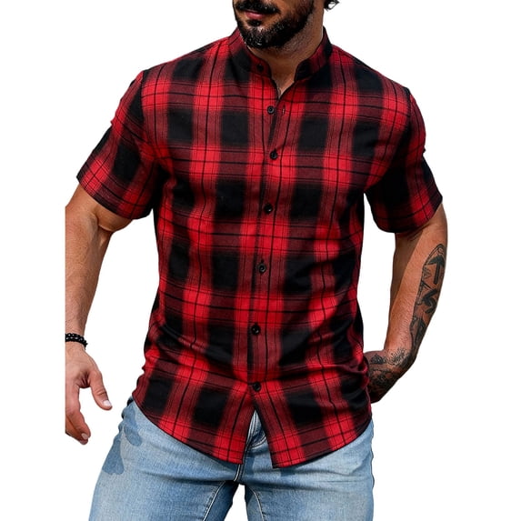 COSFO Work Short Sleeve Button Down Men Plaid Summer Shirts Collared Casual Loose Fit Tops