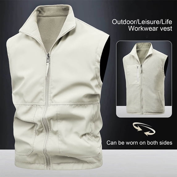 COSFO Work Vest for Men Zip Up Solid Lightweight Fleece Jacket Work Sleeveless Reversible Loose Casual Men Outerwear Vests