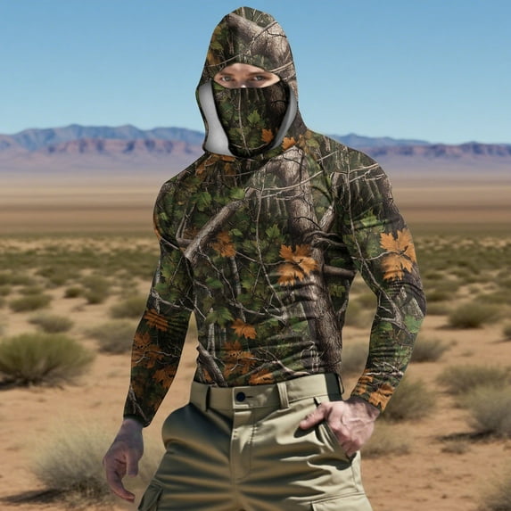 COSFO Workout Hoodies for Men Sun Protection Camouflage Pullover Athletic Ice Silk Tops Hooded Long Sleeve Outdoor Slim Fit with Face Mask Mens Shirts