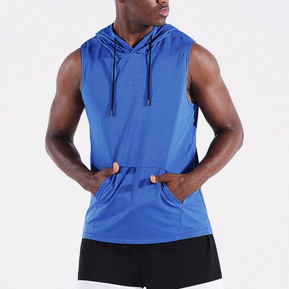 COSFO Workout Light Weight Hoodies Men Casual Blue Pullover Tops Hooded Summer Sleeveless Loose Kangaroo Pocket Tank Tops