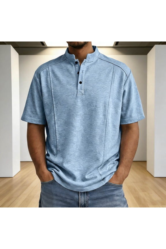 Workout Mens Shirts Casual Short Sleeve Solid Summer Shirts Pullover Button Loose Mock Neck Blue Tops