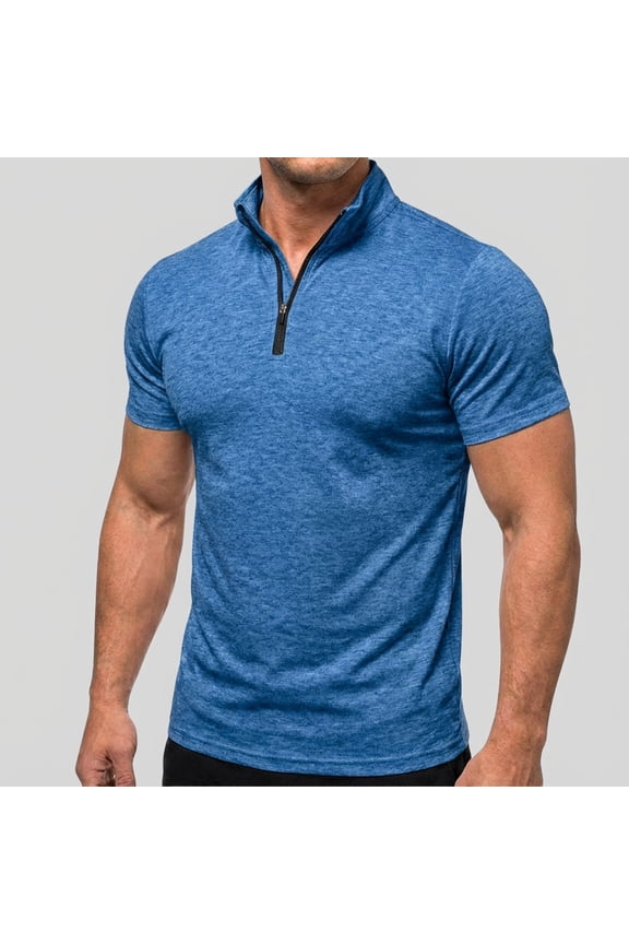 Cotton Mens T-Shirts Short Sleeve Blue Workout Shirt Mock Neck Pullover Quarter Zip Relaxed Fit Summer Tops