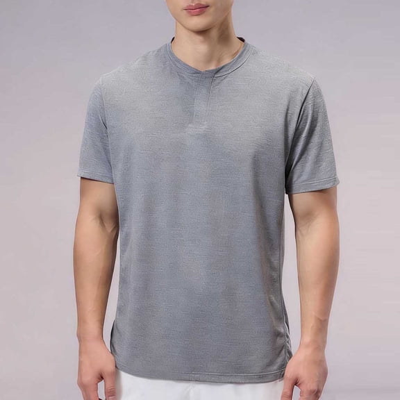 COSFO Workout Mens T Shirts Gray Short Sleeve Henley Quick Dry Basic Tops Moisture Wicking Pullover Classic Fit Mens Classic T-Shirt