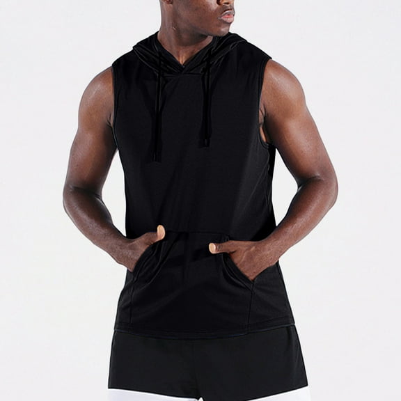 COSFO Workout Sleeveless Hoodies for Men Casual Black Pullover Tops Kangaroo Pocket Loose Summer Hooded Tank Tops