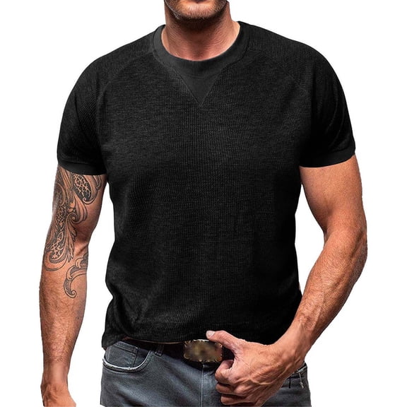 COSFO Workout T Shirts for Men Waffle Knit Short Sleeve Crew Neck Black Basic Tops Lightweight Loose Fit Pullover Mens Classic T-Shirt